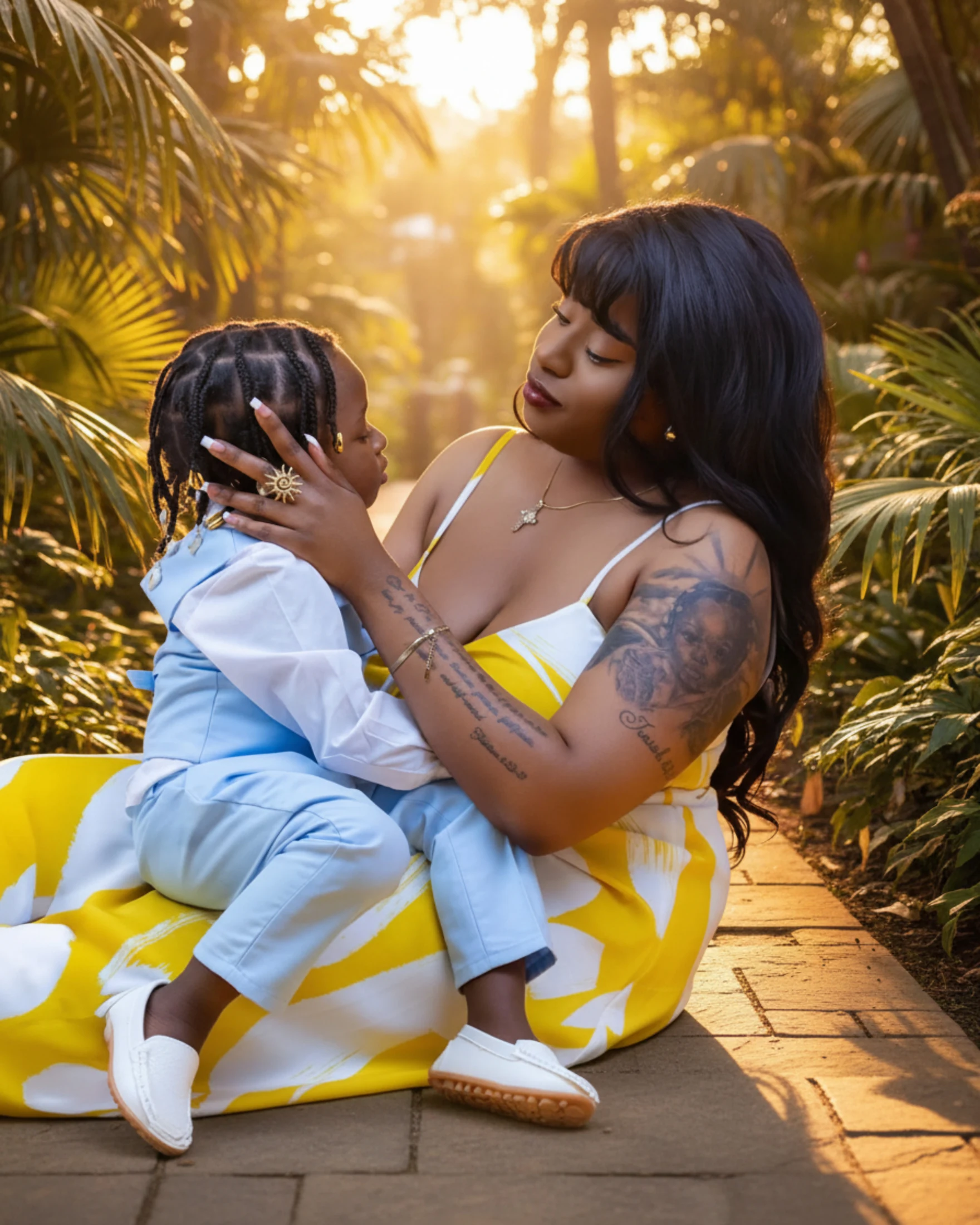 Mother tenderly holding her young son outdoors