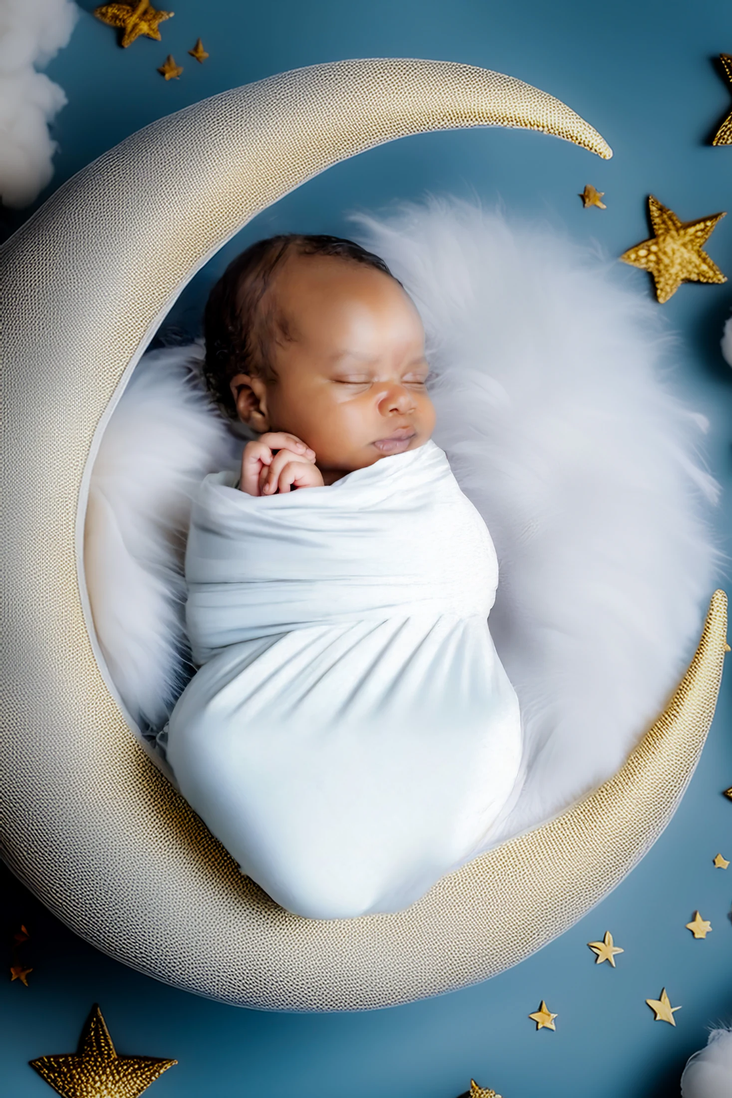 Sleeping newborn wrapped in white on a crescent moon set
