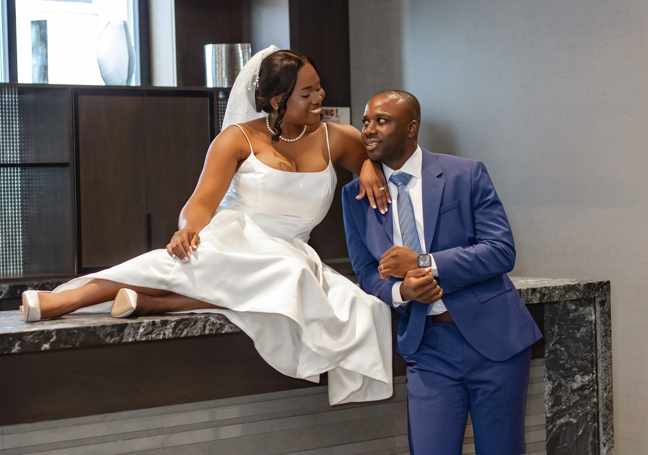 Newly married couple sharing a joyful moment