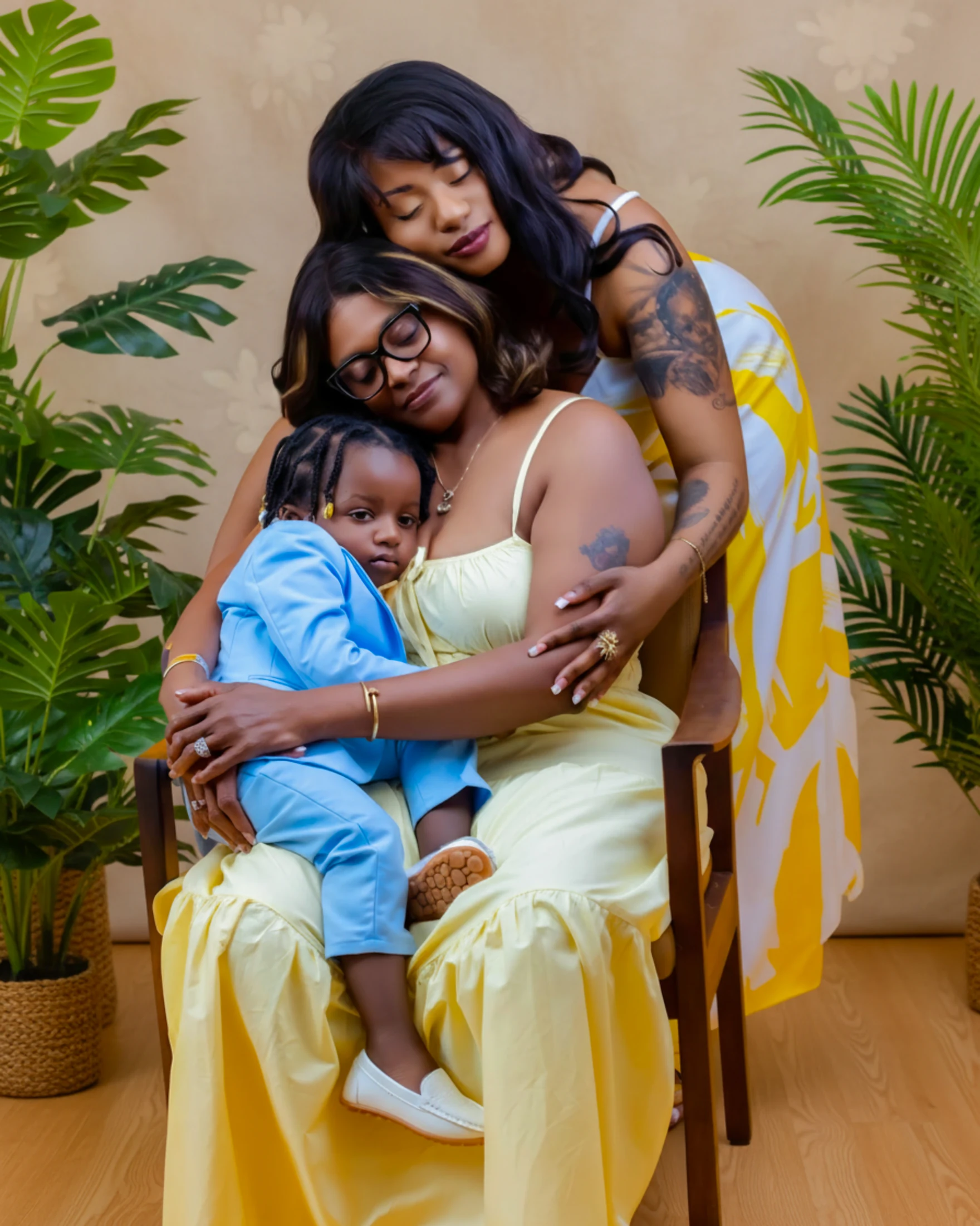 Mother and two children sharing a close embrace